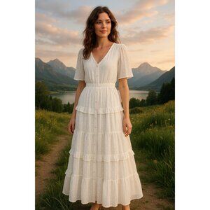 Anthropologie White Midi Dress tired ruffle dress with lining Women’s size L.